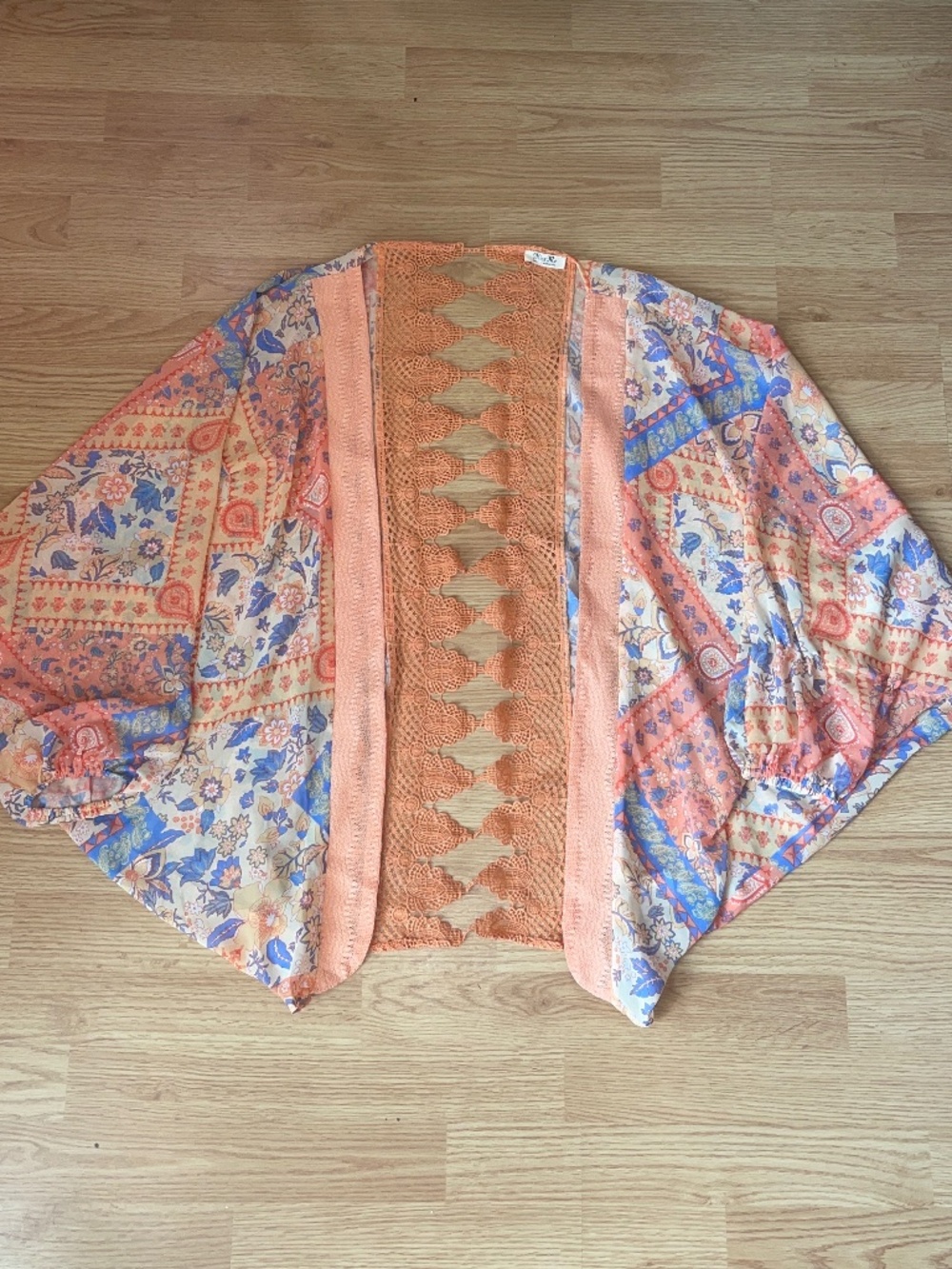 Miss Me Orange Paisley Crochet Western Boho Kimono Top Size Small - Picture 2 of 10